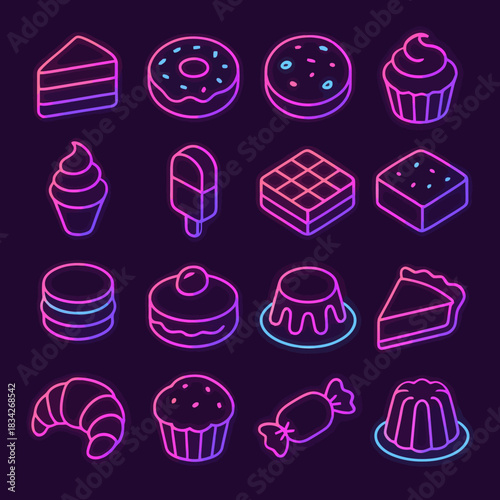 Neon dessert icons: cake, donut, cupcake, ice cream, pastry, candy, pie, pudding, cookie