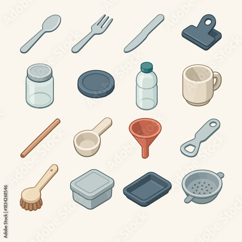 Kitchen tools: spoon, fork, knife, containers, and utensils collection