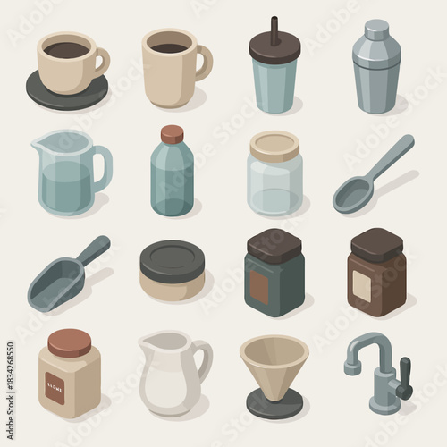 Isometric kitchen utensils collection with cups, jars, and pitchers