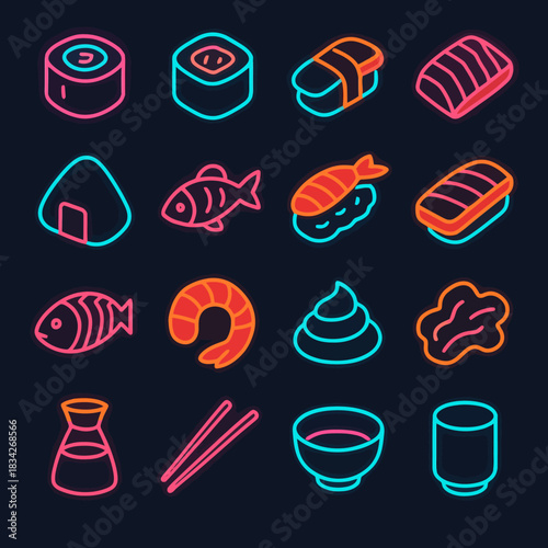 Neon sushi icons: rolls, fish, nigiri, and soy sauce in vibrant colors