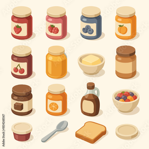 Assorted jars and food items in a grid layout with jams honey and peanut butter