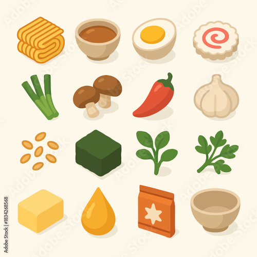 Asian cuisine ingredients icons: noodles, egg, mushrooms, garlic, herbs, spices