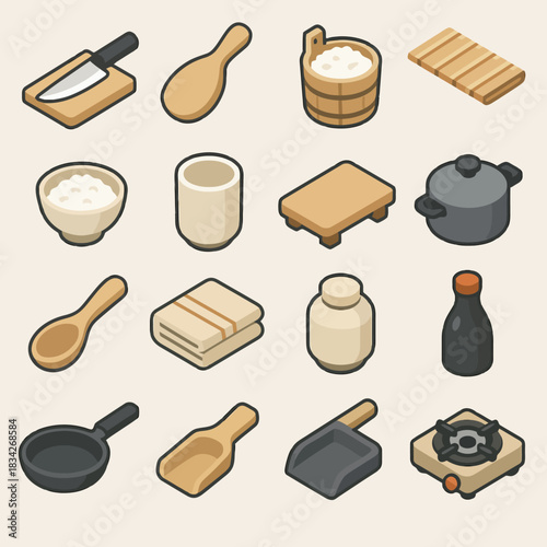 Set of japanese kitchen utensils and ingredients in isometric style