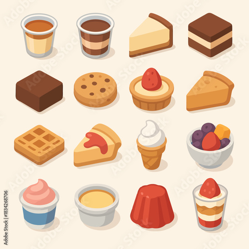 Assorted sweet desserts collection: cake, pie, ice cream, cookies, and more