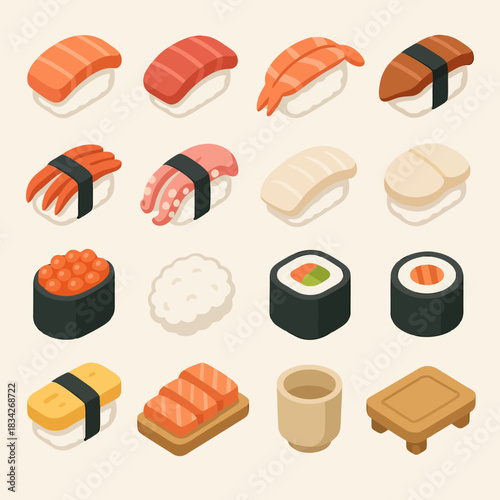 Various isometric sushi pieces on light background