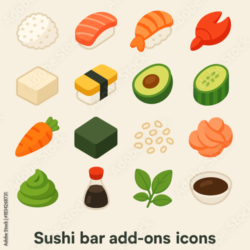 Sushi bar add-ons: rice, sushi, fish, and more icon set