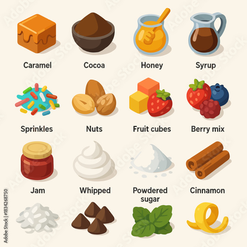 Assorted dessert ingredients: caramel, cocoa, honey, syrup, sprinkles, nuts, berry mix