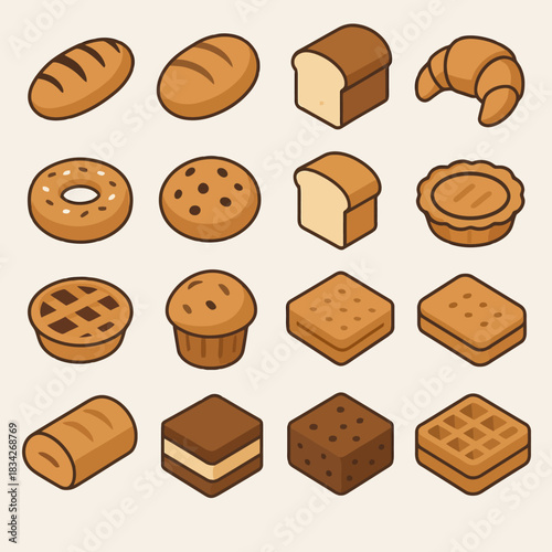 Assorted baked goods icons: bread, pastry, donut, cookie, pie, muffin, brownie, waffle