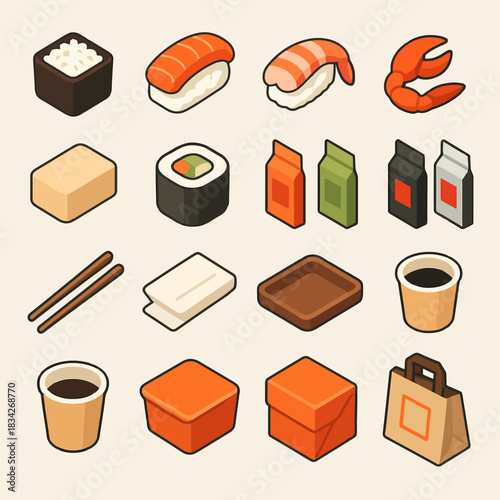 Assorted sushi and takeout icons: nigiri, maki, soy sauce, bento, chopsticks, cups