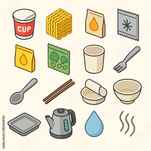 Instant noodle preparation essentials with utensils and ingredients