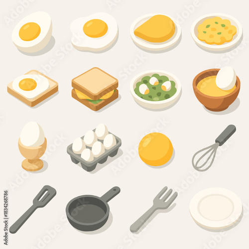 Assorted egg dishes and kitchen utensils in isometric style