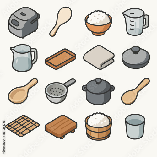 Set of cooking utensils and ingredients for rice preparation