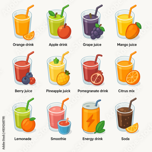 Colorful assortment of refreshing fruit juices and beverages