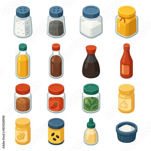 Colorful assortment of condiment jars and bottles on yellow background