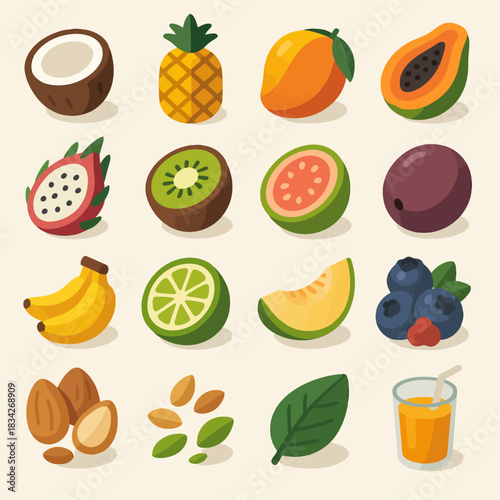 Colorful fruits and nuts: pineapple, kiwi, banana, and more with juice