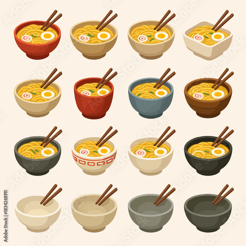 Assorted ramen bowls with chopsticks in various styles and colors