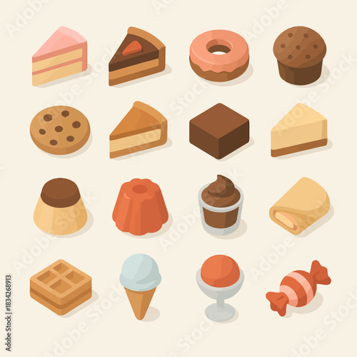 Assorted isometric desserts: cakes, donuts, pudding, ice cream, and sweets