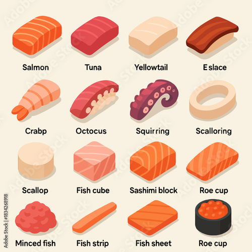 Assorted sushi icons: salmon, tuna, yellowtail, eel, crab, octopus, scallop, roe, sashimi blocks