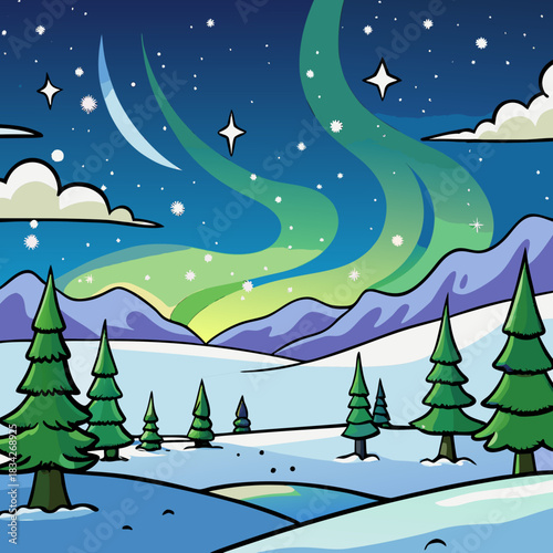 Winter Landscape with Aurora Borealis and Evergreen Trees.