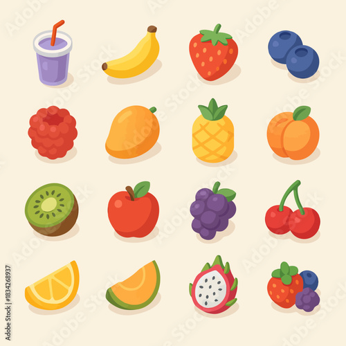 Colorful assortment of fruits illustrations featuring variety of fresh produce