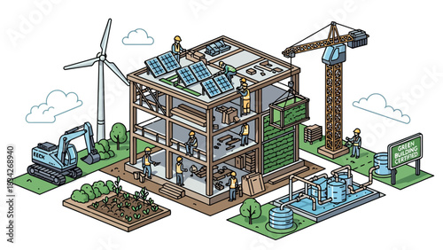 Isometric pixel art of green building construction with renewable energy and water systems