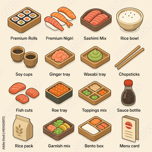 Assorted japanese cuisine icons featuring sushi rolls and sauces