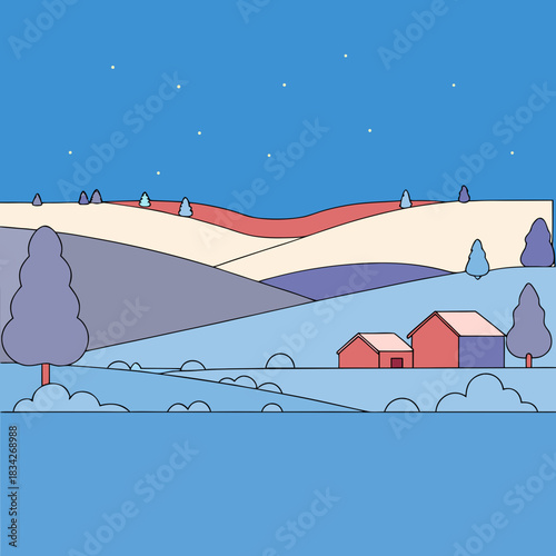 Winter Landscape with Houses and SnowCovered Hills.
