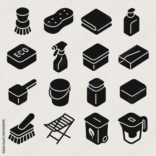 Collection of household cleaning icons in black and white