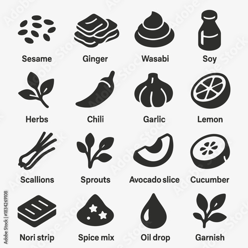 Icons of popular ingredients: sesame, ginger, wasabi, and more