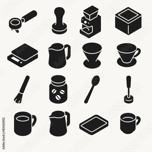 Silhouette icons of coffee tools and equipment for brewing and serving