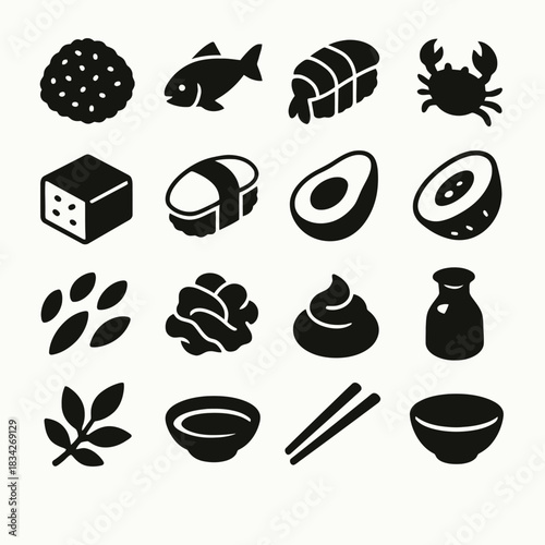 Sushi and japanese cuisine icons: fish, crab, sushi rolls, rice bowl, chopsticks