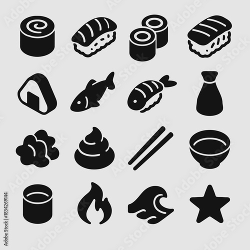 Various sushi icons: nigiri, rolls, fish, soy sauce, and more