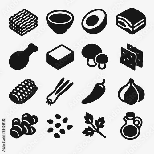 Assorted food icons: chicken, veggies, spices, herbs, and more silhouettes
