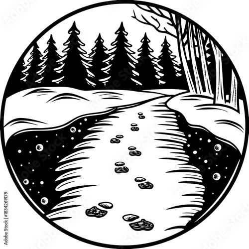 Winter Path with Footprints Through Snowy Forest Scene.