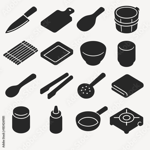 Black silhouette kitchen utensils: knife, spoon, pan, bowl, stove icons collection