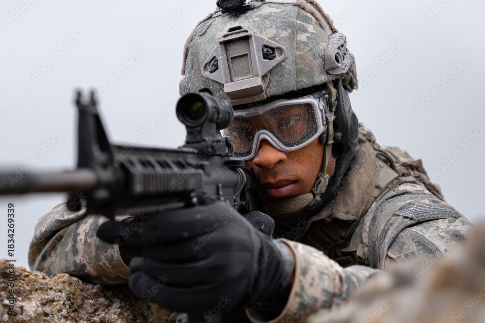 Fototapeta premium Focused african male soldier aiming rifle in combat gear outdoors