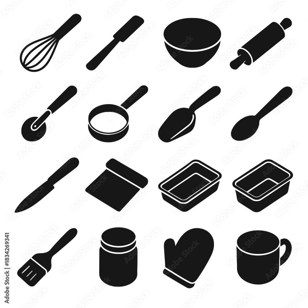 Fototapeta premium Silhouette icons of kitchen utensils including whisk, spatula, and rolling pin