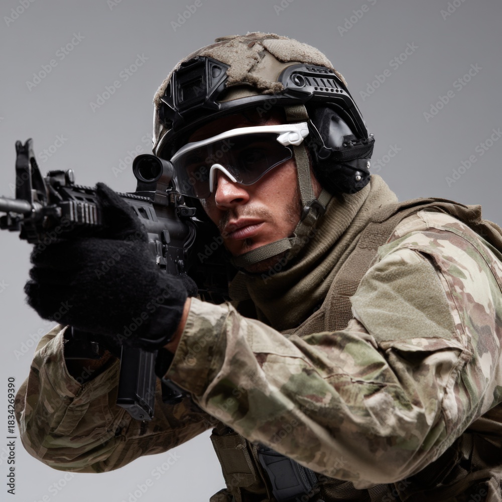 Obraz premium Young caucasian male soldier in tactical gear aiming rifle
