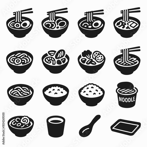 Assorted noodle icons set with bowls, chopsticks, soup, and rice