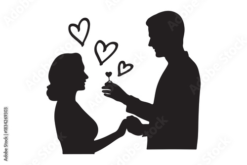  Silhouette of a man proposing to a woman with a ring and hearts