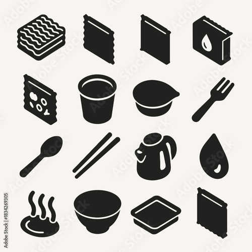 Silhouette icons of instant noodles, utensils, and cooking items