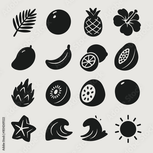 Black silhouette icons of tropical fruits and nature elements