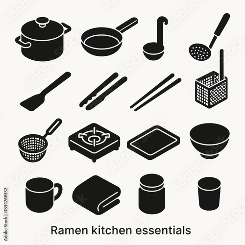 Ramen kitchen essentials: icons of pots, pans, chopsticks, and more culinary tools