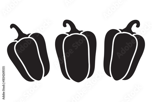  Three black silhouette bell peppers isolated on a white background