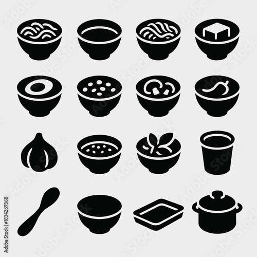 Assorted bowl and utensil icons featuring various foods and dishes