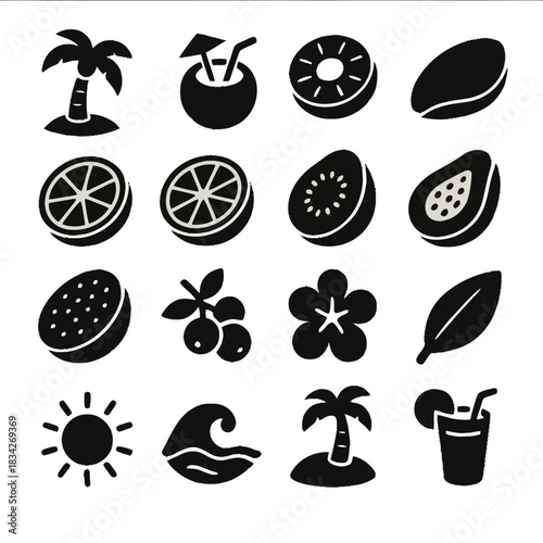 Tropical icons collection featuring fruits, drinks, and nature elements