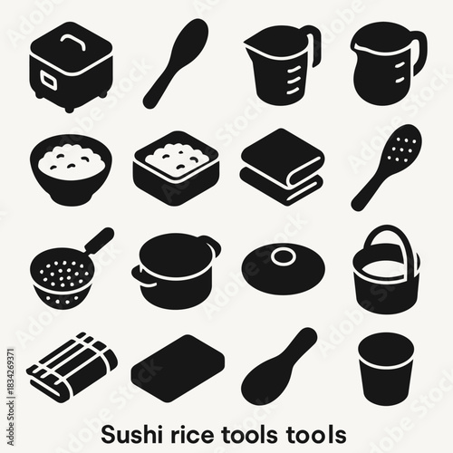 Silhouette icon set of sushi rice cooking tools and accessories