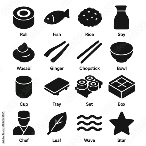 Sushi icons set: roll, fish, rice, soy, wasabi, chopsticks, bowl, chef, tray, leaf, wave, star