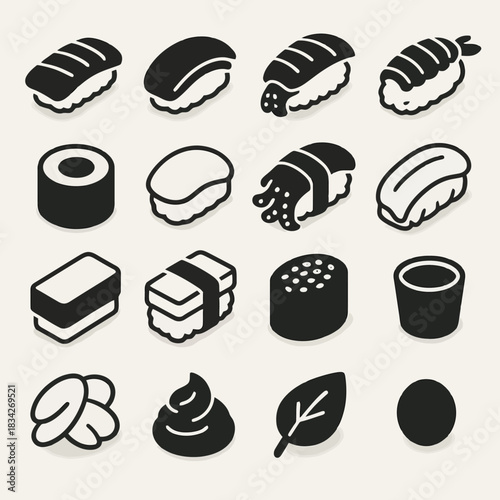 Stylized icon set of sushi and food elements in black and white