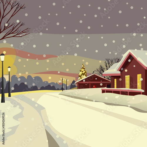 Winter Village Scene with Snowfall and Cozy Houses Illustration.